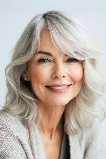 Tousled Medium Bob with Side-Swept Bangs Hairstyle on a smiling woman in her 70s with gray hair and bangs.