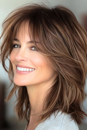 Tousled Shoulder-Length Shag Hairstyle on a smiling woman with brown hair, side view.