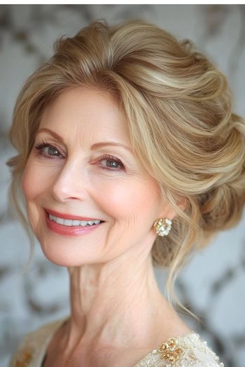 Voluminous Updo Hairstyle on a smiling woman in her 70s with honey blonde-brown hair.