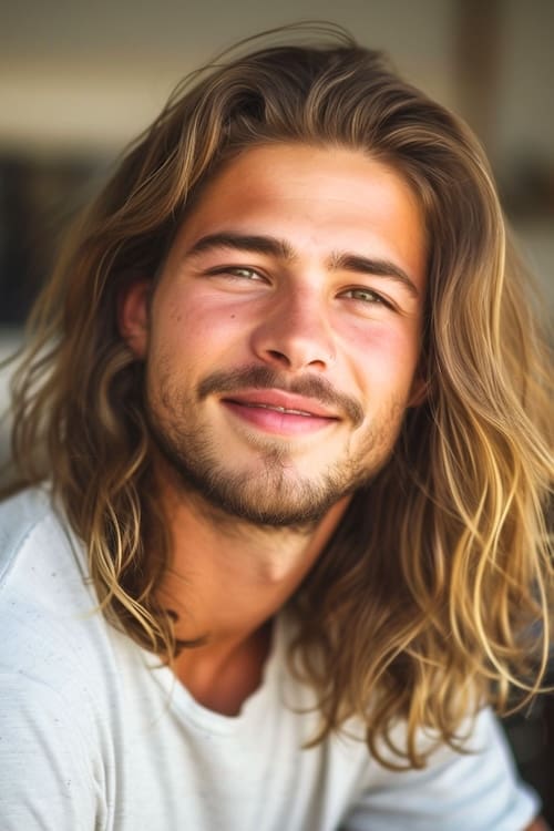 Beachy waves with highlights on smiling young man with beard.