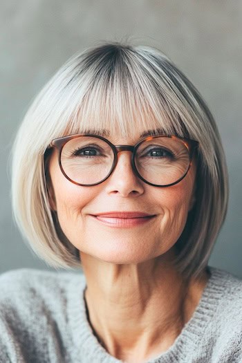 Bob with Wispy Blunt Bangs Hairstyle on a smiling woman in her 70s with glasses and gray hair.