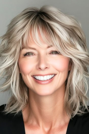 Feathered Shag with Bangs Hairstyle on a smiling woman with blonde hair.