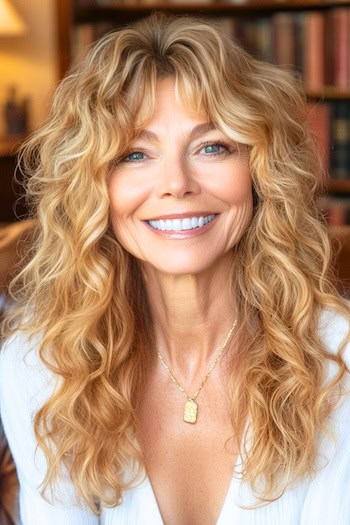 Long Tousled Curls Hairstyle on a smiling older woman with warm blonde hair.