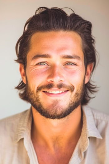 Medium-Length Slicked Back Hair with Beard Hairstyle for Men.