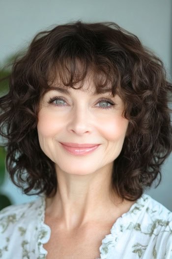Shoulder-Length Tapered Curls with Bangs Hairstyle on a smiling woman in her 50s with curly brown hair.