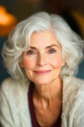 Tousled Waves Hairstyle on a smiling woman in her 70s with gray hair.