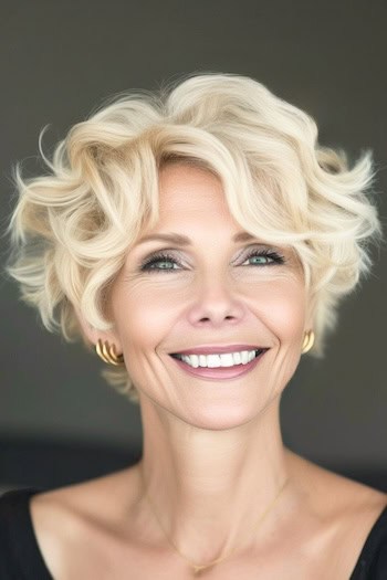 Wavy Platinum Pixie Haircut on a smiling woman with platinum blonde hair.