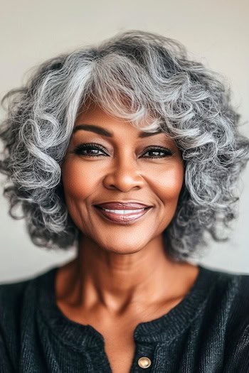 Curly Textured Bob with Bangs Hairstyle on a smiling woman in her seventies with gray hair.