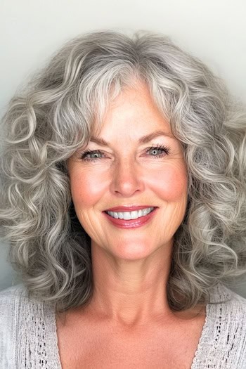 Shoulder-Length Curls for Thick Hair Hairstyle on a smiling older woman with gray hair.