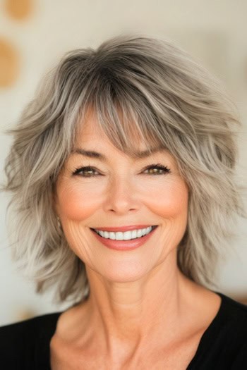Tousled Shag with Bangs Hairstyle on a smiling woman in her 50s with grayish brown hair.