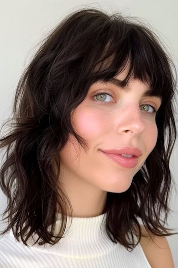 Tousled Wavy Shag Hairstyle on a woman with dark brown hair.
