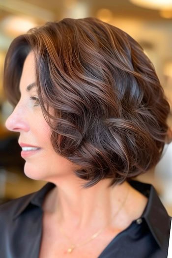 Wavy Bob Haircut on a smiling woman with brown hair, side view.