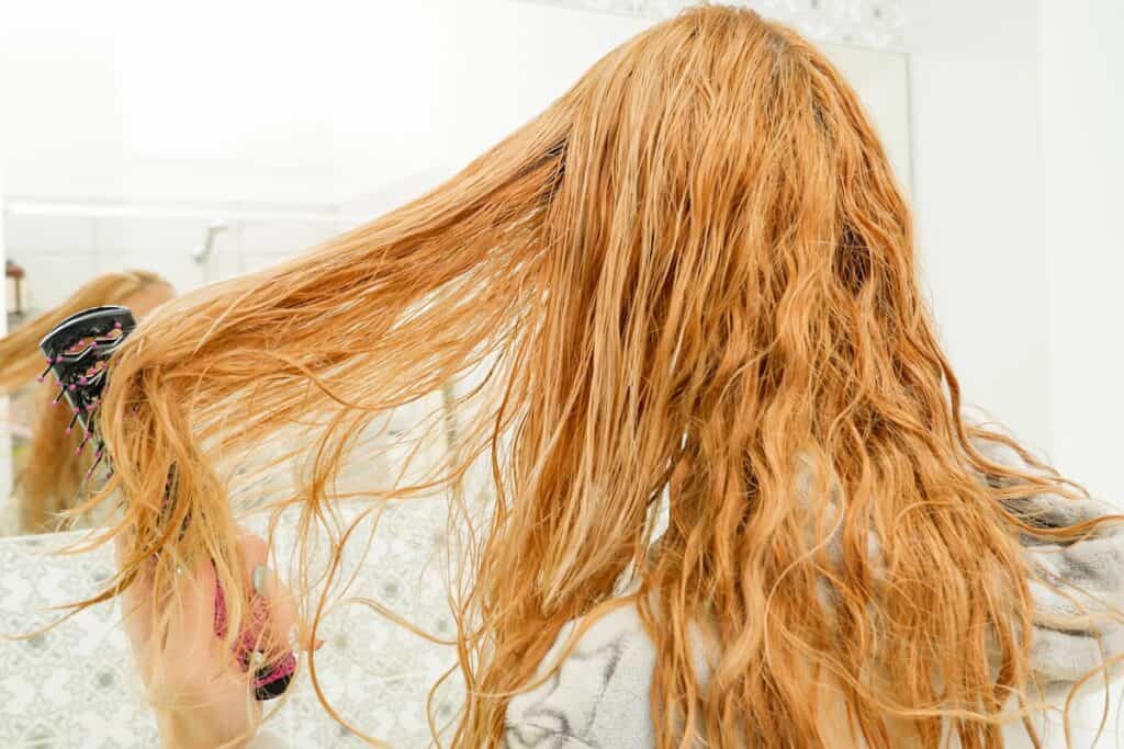 Woman brushing wet light copper long wavy hair, from back.