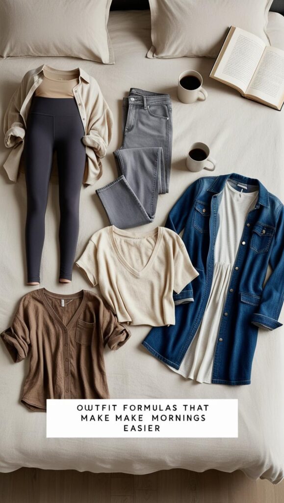 Flat lay of comfortable and stylish clothes — leggings, denim jacket, soft tee — arranged on a bed with cozy morning elements.