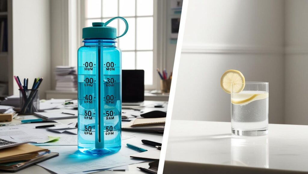 Realistic hydration tip for midlife women showing simple glass of water with lemon instead of oversized water jug