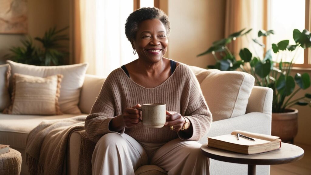 Mature woman over 40 embracing peaceful, supportive wellness habits at home