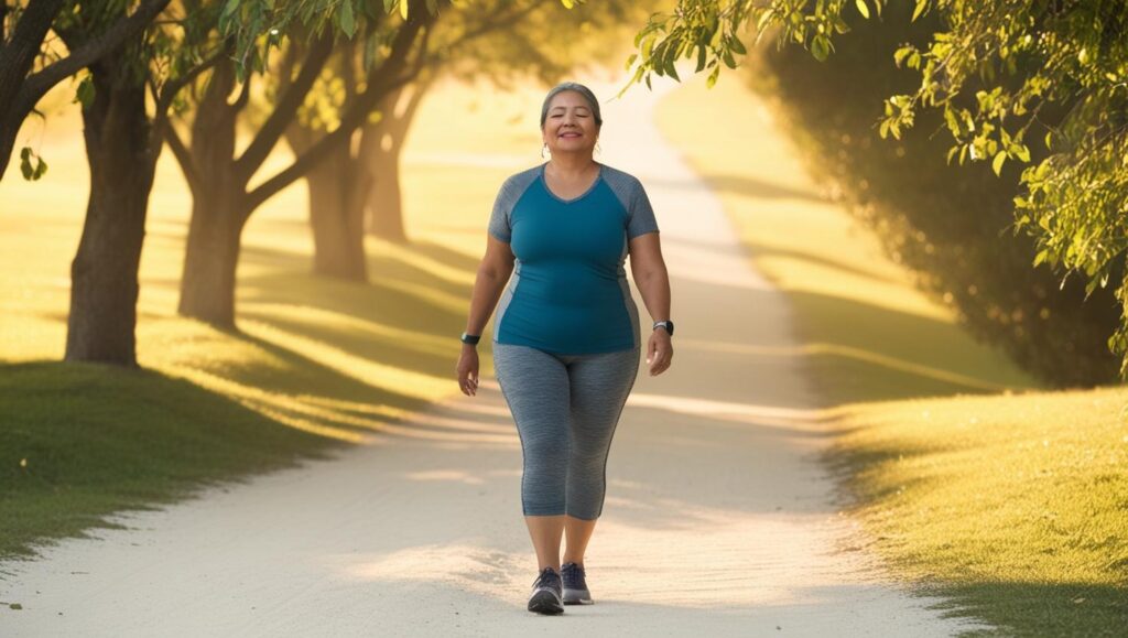 Woman over 40 enjoying a gentle walk outdoors for sustainable fitness and energy