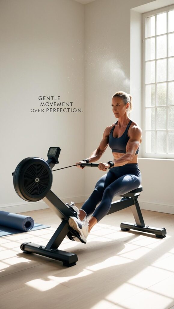 Middle-aged woman using a rowing machine in a bright home space, showing gentle and sustainable movement after 40.