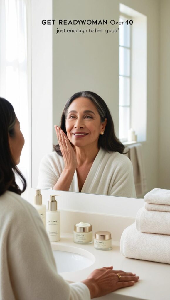 Woman over 40 applying moisturizer at the bathroom mirror, keeping her morning skincare simple and uplifting.