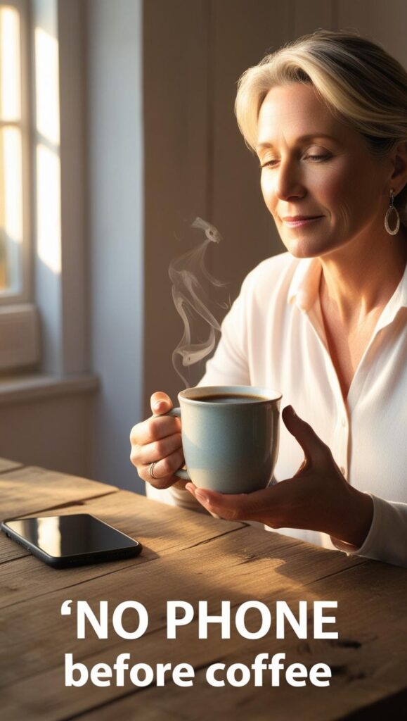 Woman over 40 enjoying coffee in the morning with her phone face-down on the table, choosing peace before screen time