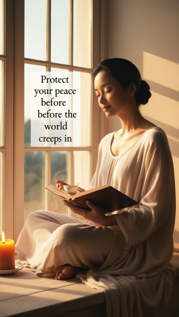 Woman over 40 sitting peacefully by a window with tea and a book, taking time to center herself before the day begins.