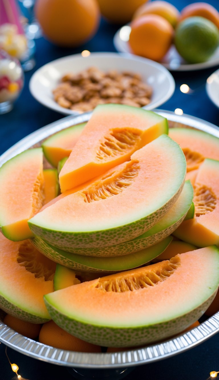 Overlapping cantaloupe slices on a party fruit tray