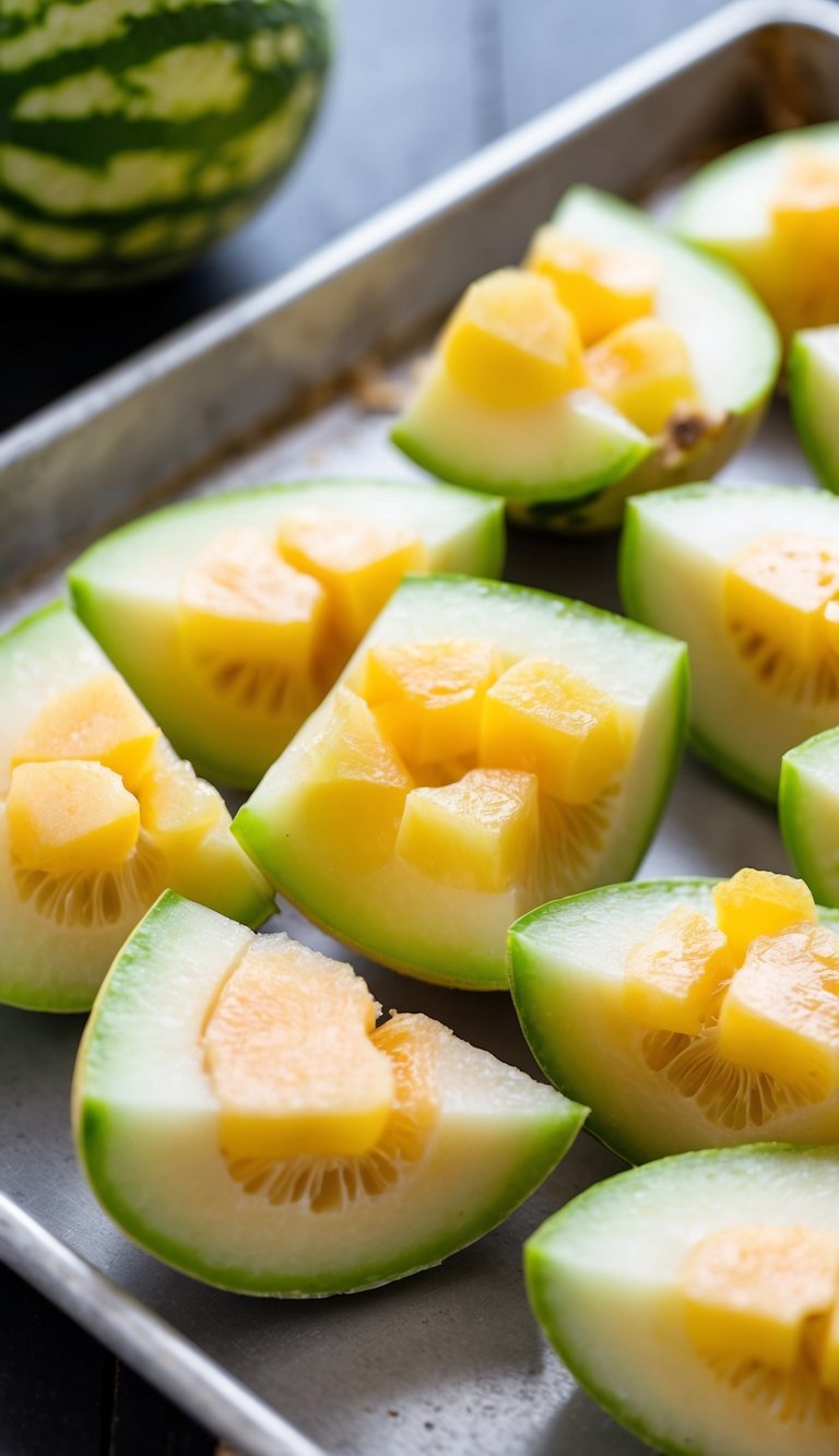 Honeydew melon wedges arranged on a tray, with the rind left on for easy handling