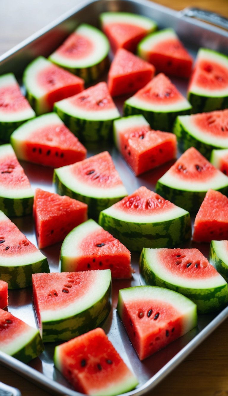 Fresh watermelon slices arranged in a vibrant, geometric pattern on a serving tray