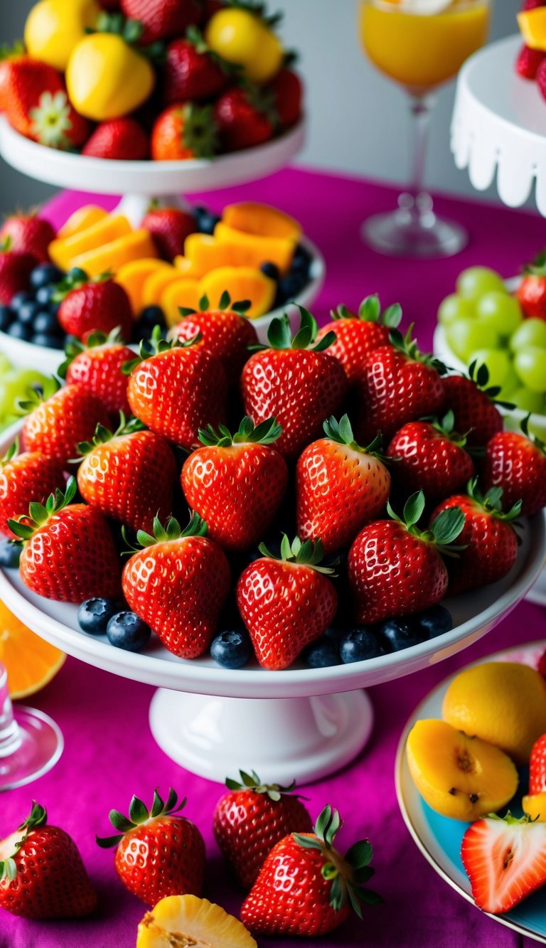 Fresh strawberries arranged on a platter, some whole and some halved, surrounded by other colorful fruits for a party display