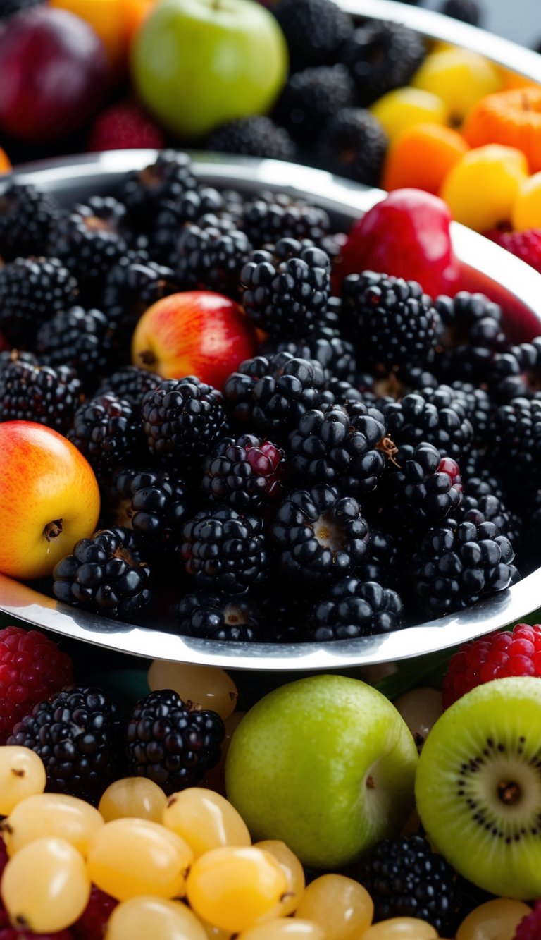 Blackberries scattered among assorted fruits on a party tray for texture and contrast