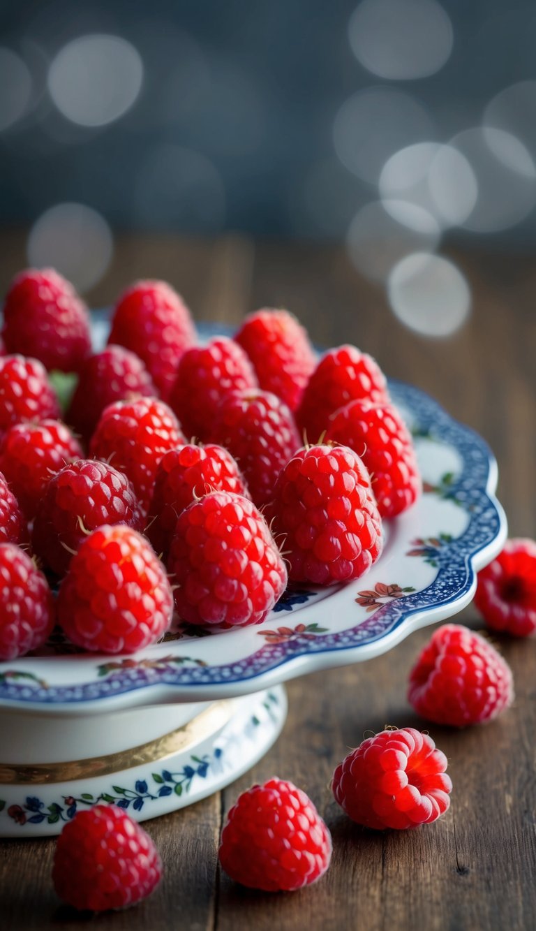 Raspberries arranged in small clusters on a decorative fruit tray