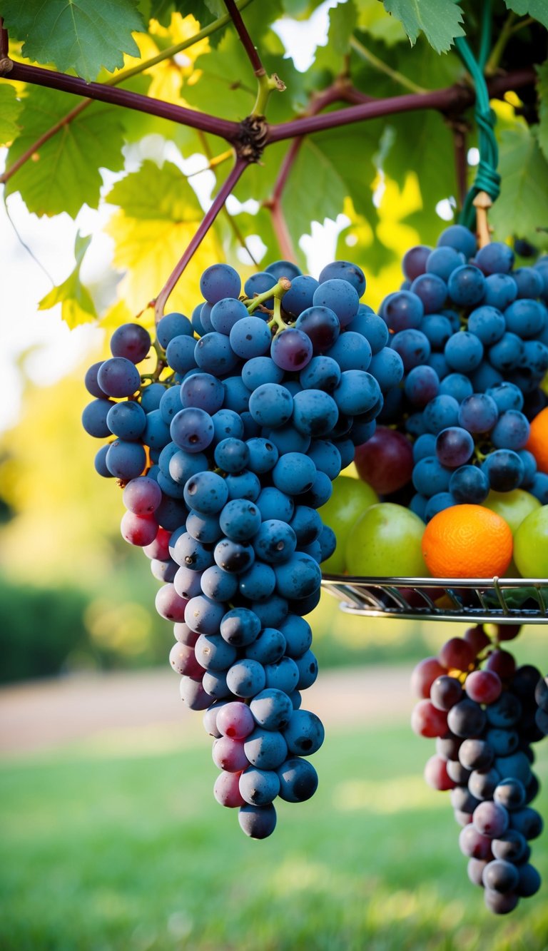 Ripe grapes hanging from a vine, arranged on a fruit tray for a party display