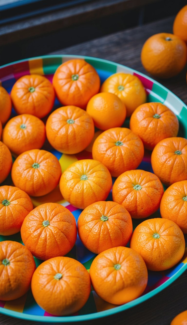 Oranges arranged in half-moon segments on a colorful fruit tray