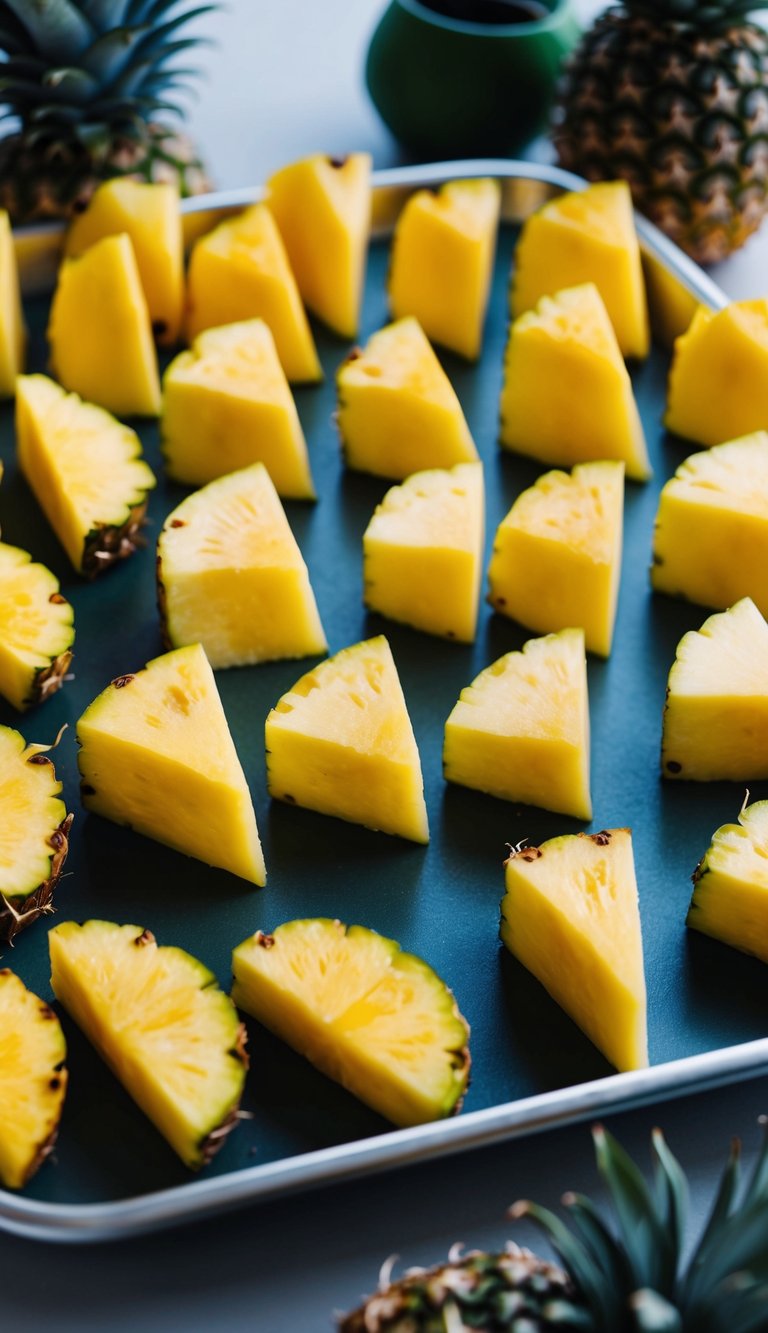 Pineapple slices arranged in half-moons and quarter-moons on a fruit tray
