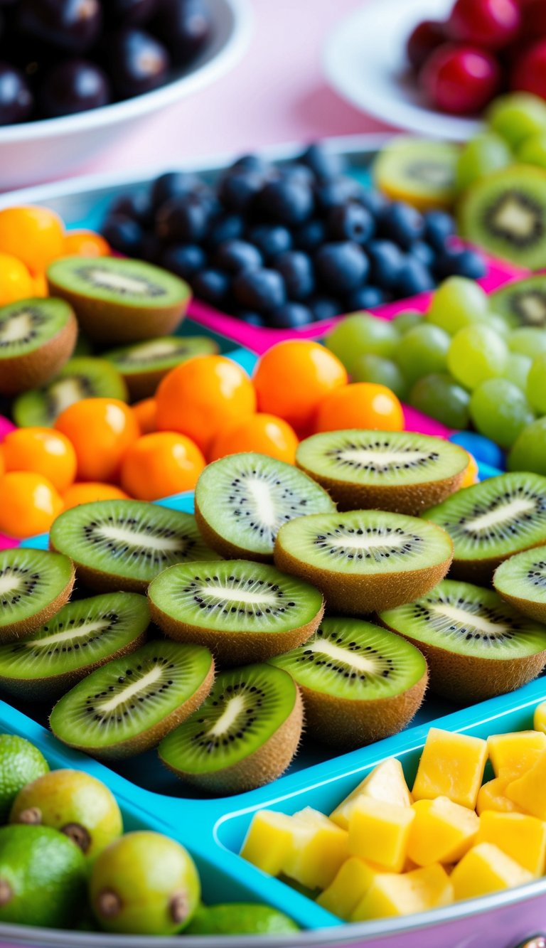 A colorful fruit tray with neatly arranged kiwi slices, the skin removed, surrounded by an assortment of other fruits for a party display