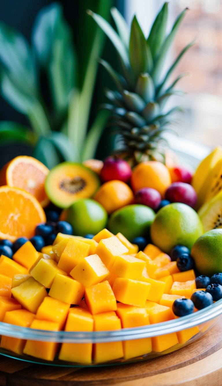 A vibrant fruit tray with assorted fruits, featuring mango cubes as the centerpiece for a bright tropical flavor