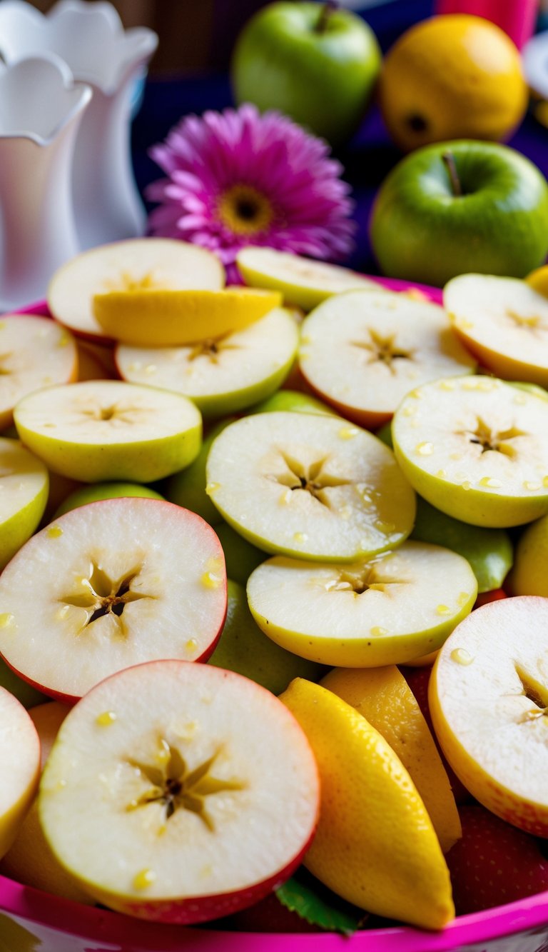 Apple slices glistening with lemon juice, arranged on a vibrant fruit tray for a party
