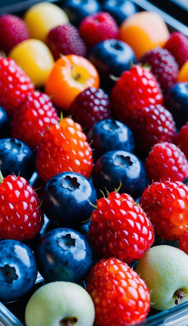 A variety of mixed berries arranged in color gradients on a fruit tray