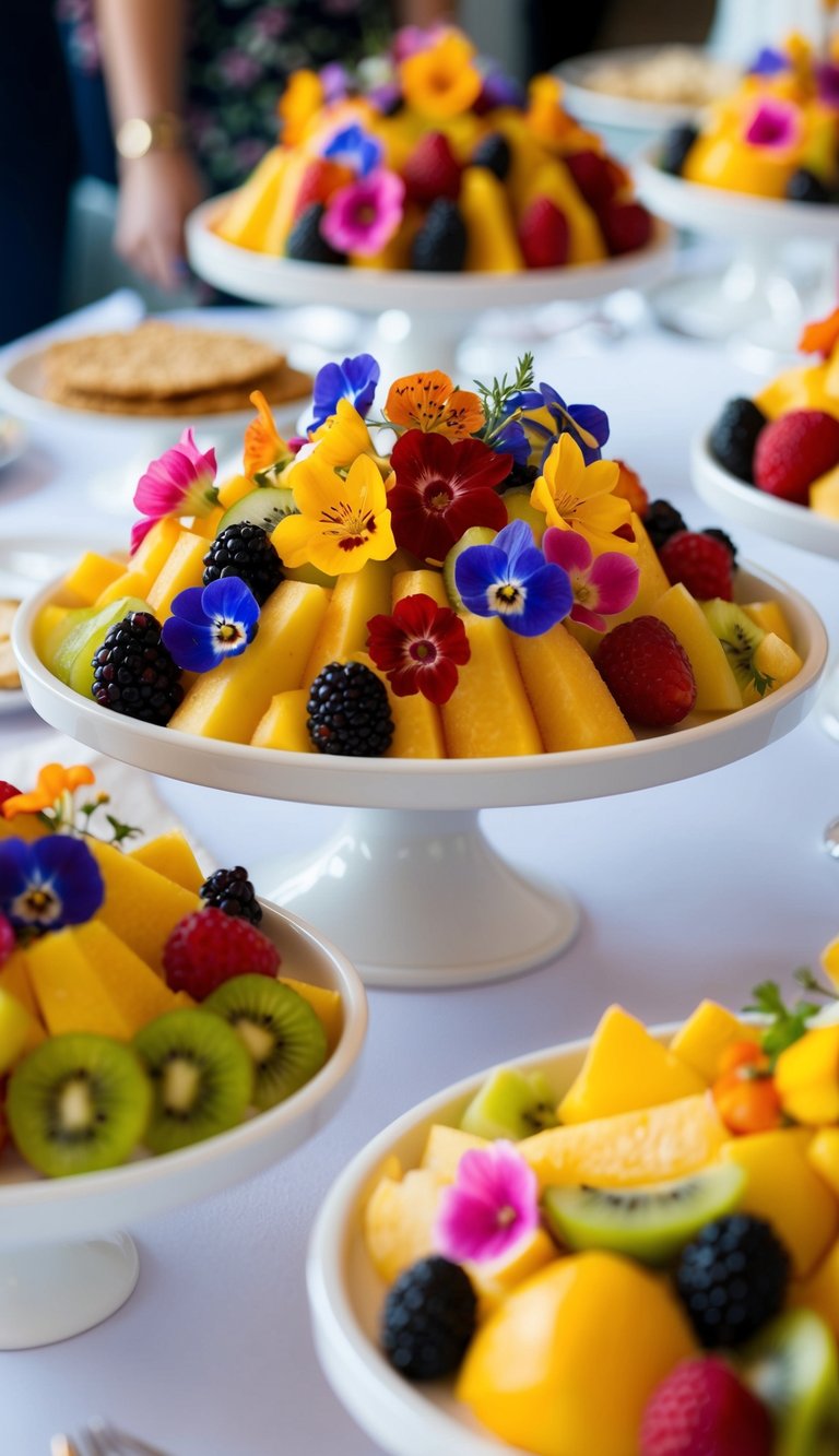 A fruit tray adorned with colorful edible flowers, adding an elegant touch to the party spread