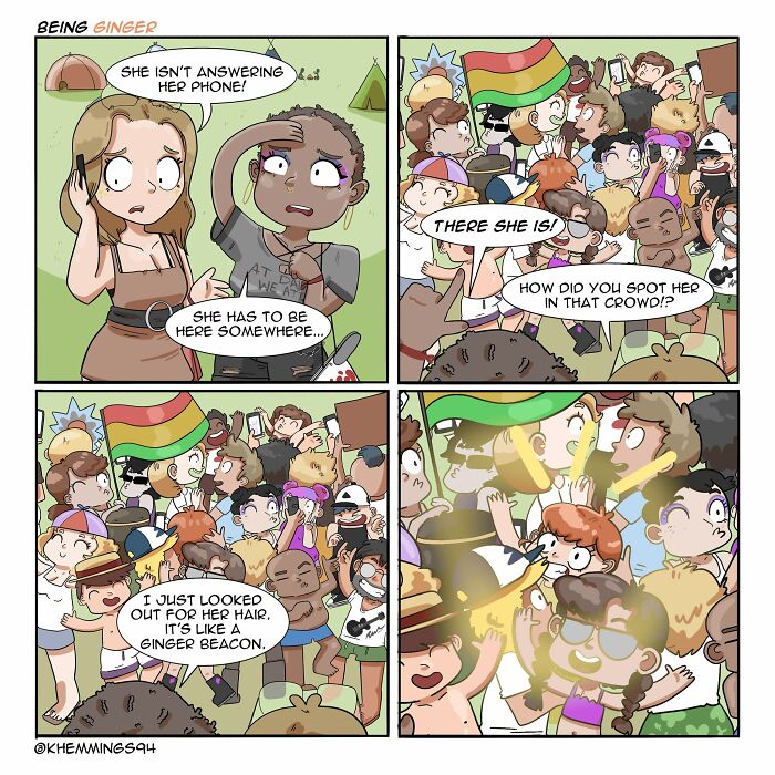 A worried person looks around a crowded festival, trying to find their friend. In the next panel, another person points out a redheaded individual easily spotted in the crowd due to their bright hair.