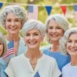 Group of confident women over 60 with stylish 4th of July hairstyles, smiling outdoors with festive American flags and summer decorations in the background.