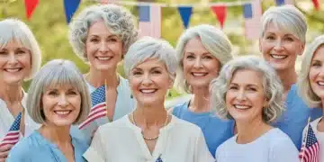 Group of confident women over 60 with stylish 4th of July hairstyles, smiling outdoors with festive American flags and summer decorations in the background.
