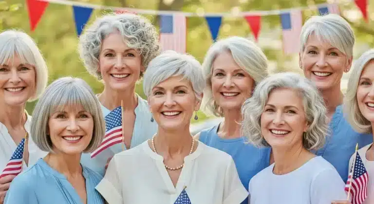 Group of confident women over 60 with stylish 4th of July hairstyles, smiling outdoors with festive American flags and summer decorations in the background.