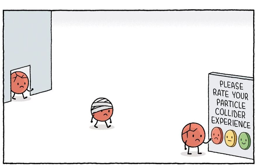 Three unhappy particles leave a room. One wears a bandage, and another scratches its head while rating the experience poorly at a feedback station.