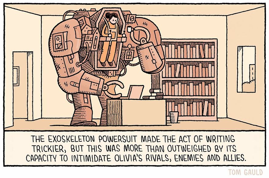 A person named Olivia is inside a large, robotic exoskeleton suit, attempting to write at a desk surrounded by bookshelves. The suit looks cumbersome, emphasizing the humorous difficulty of writing in it.