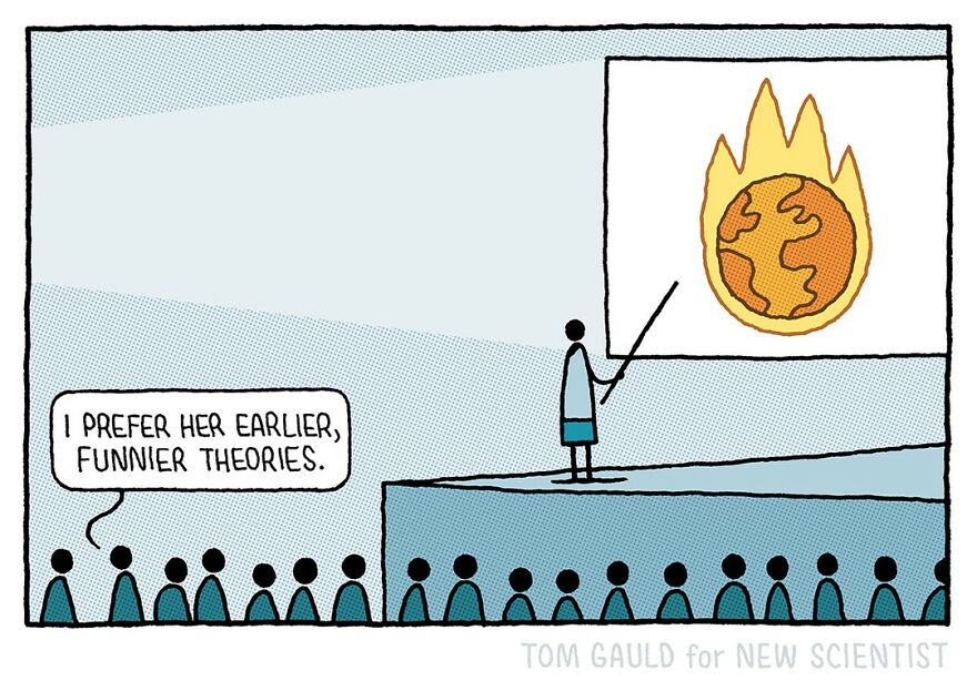 A person presents an image of a burning Earth to an audience in a lecture hall. An audience member comments about preferring earlier, funnier theories.