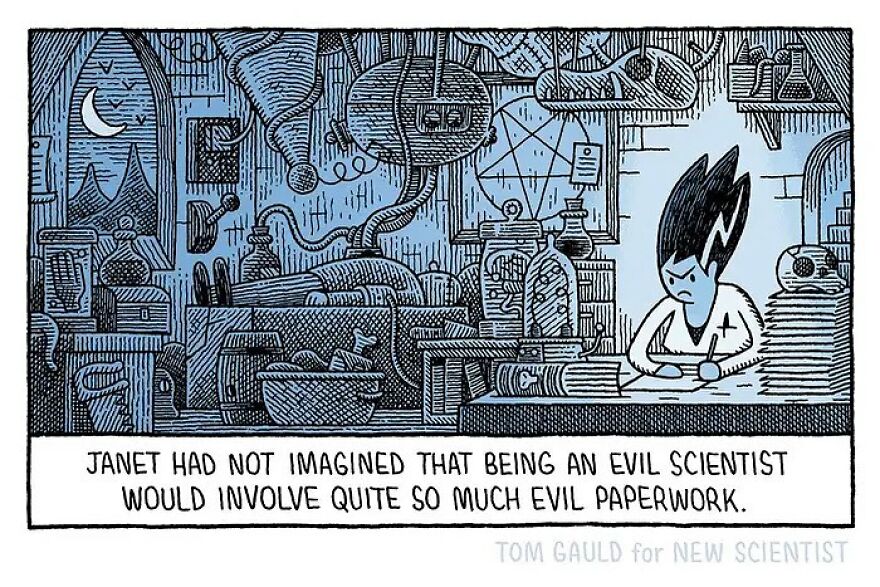A cartoon of Janet, an evil scientist, sitting at a cluttered desk full of papers and lab equipment, looking stressed. The caption reads,