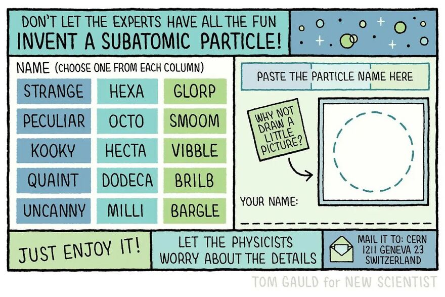 An illustrated comic inviting readers to invent their own subatomic particle by combining humorous names from three columns. A section prompts users to paste the name and draw a picture.