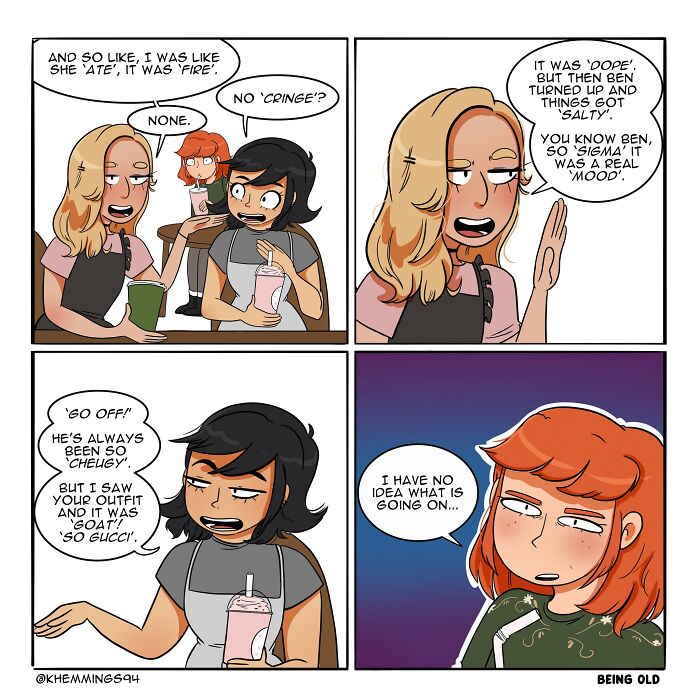 Two friends enthusiastically use trendy slang while a third person looks confused and overwhelmed, thinking,