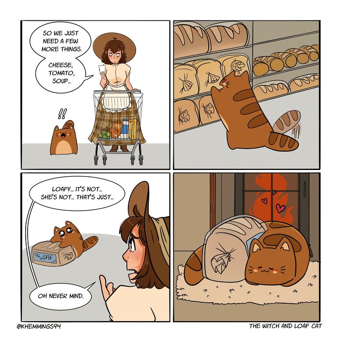 A witch pushes a shopping cart accompanied by her cat, who admires a loaf of bread. The witch then clarifies that the loaf isn't their real cat.
